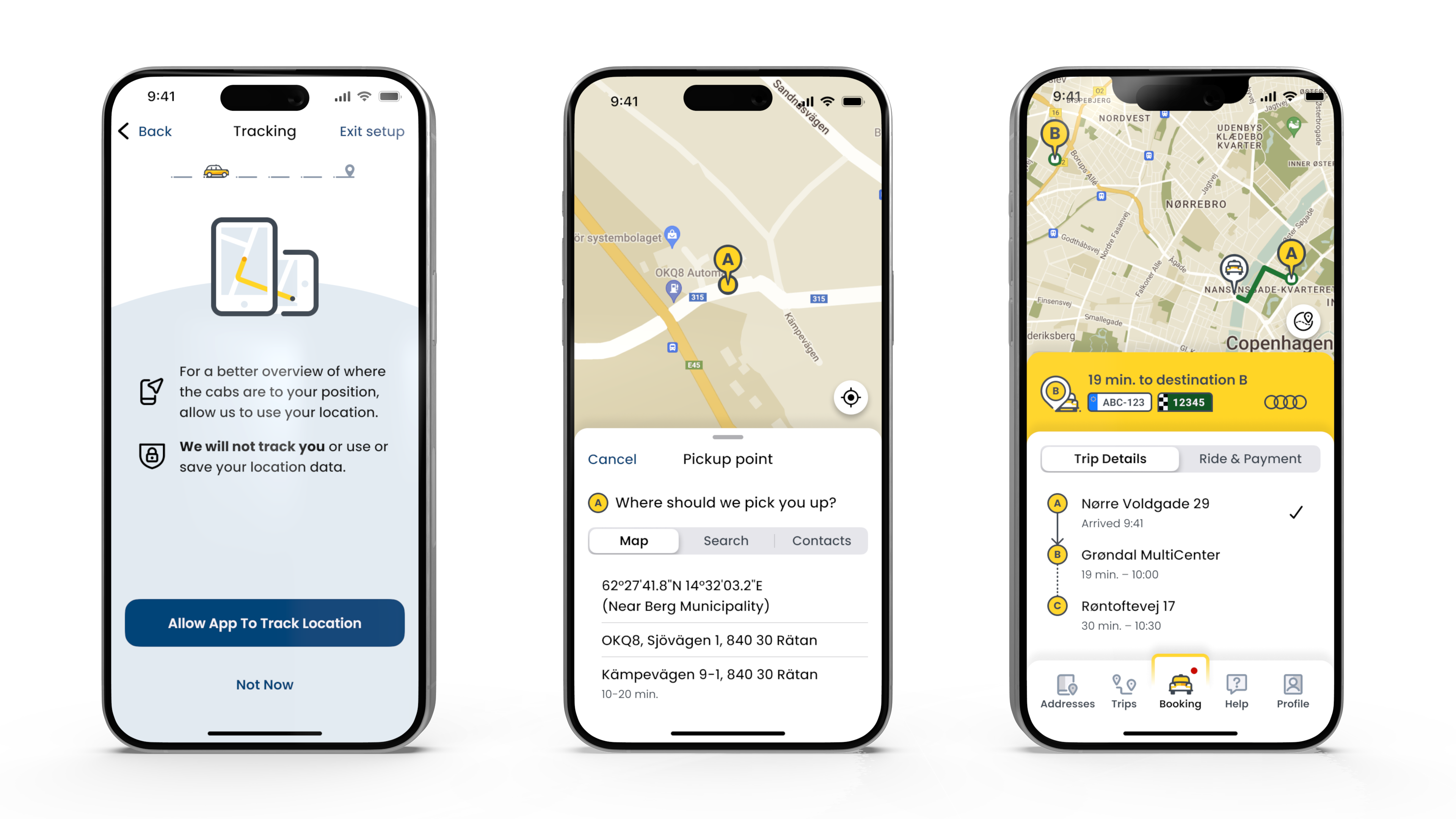 Three mobile app screens showing onboarding, pickup point and trip details